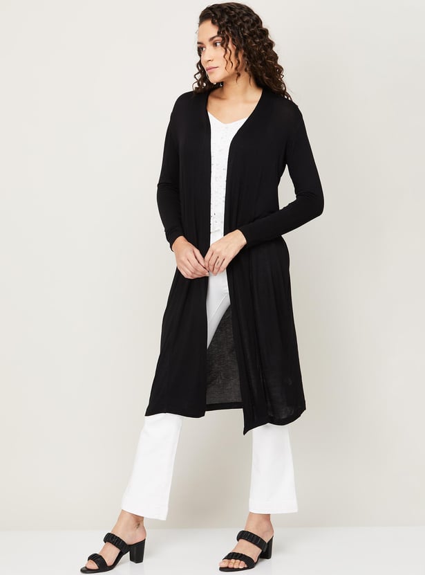 Buy CODE Women Solid Front-Open Longline Knit Shrug from CODE at