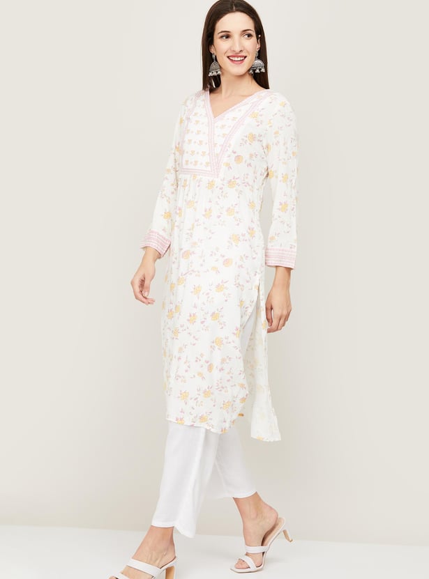 GLOBAL DESI Women Printed Three-quarter Sleeves Straight Kurta