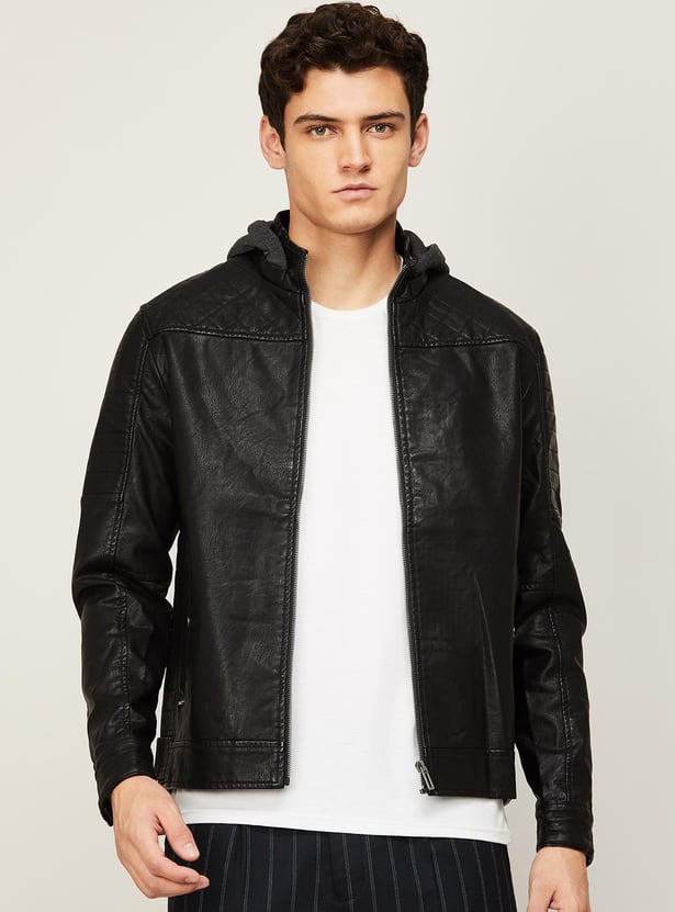 Faux hooded leather jacket best sale