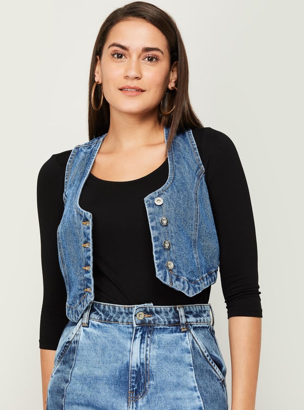 Buy GINGER Women Washed Sleeveless Crop Denim Jacket from Ginger at just INR 999.0