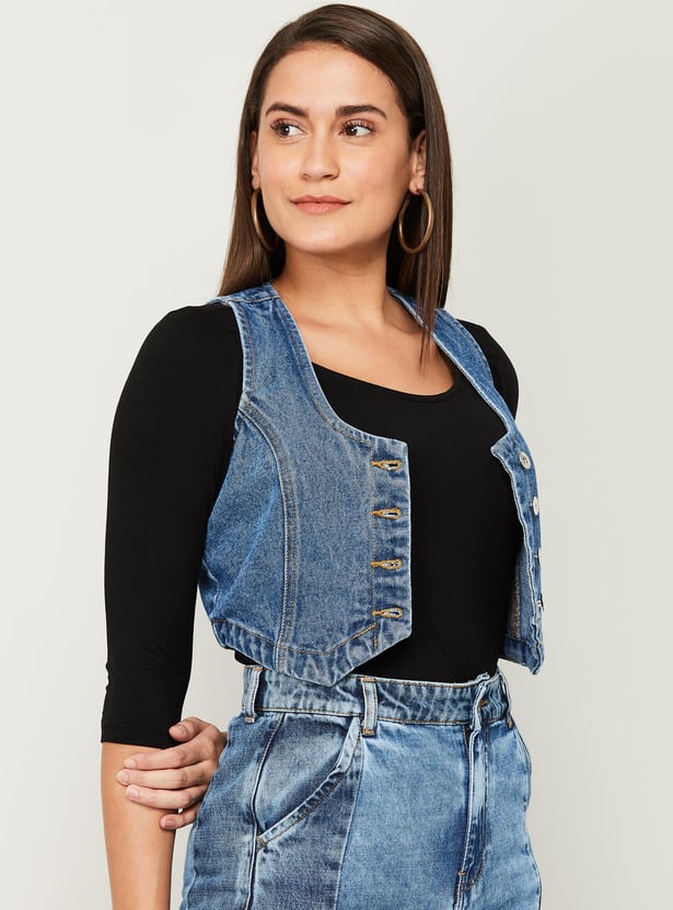 GINGER Women Washed Sleeveless Crop Denim Jacket