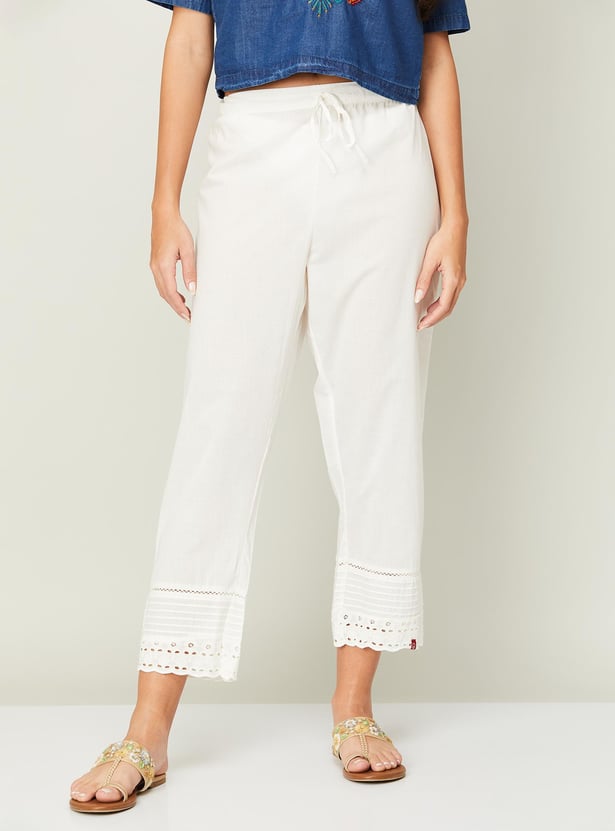 Buy BIBA Women Textured Schiffli-Detailed Cropped Straight Pants - Main Image