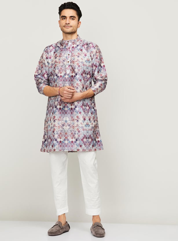 MELANGE Men Ethnic Print Band Collar Regular Fit Kurta