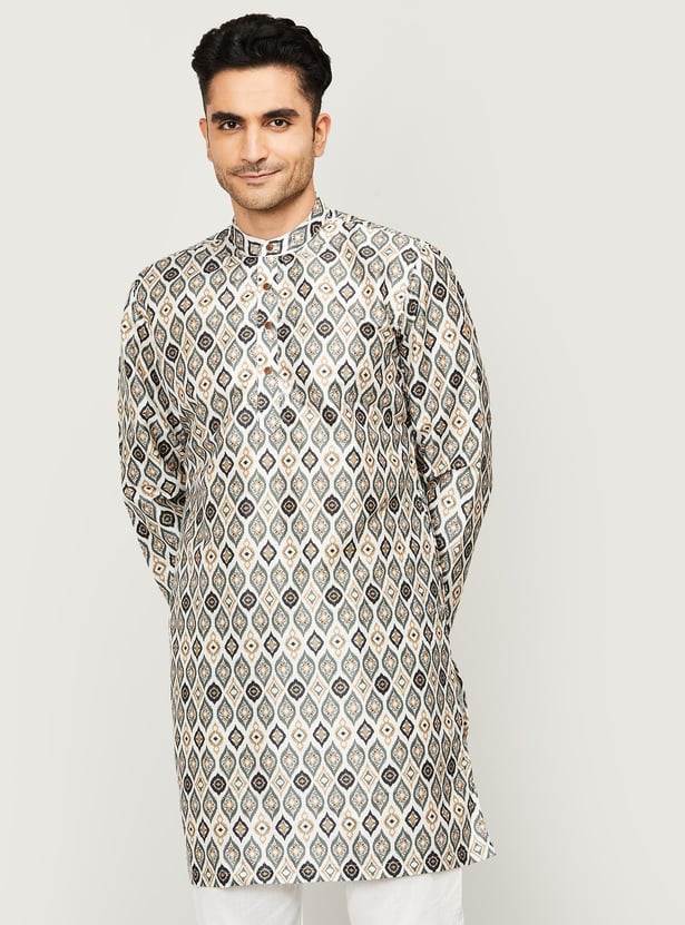 MELANGE Men Printed Band Collar Regular Fit Straight Kurta