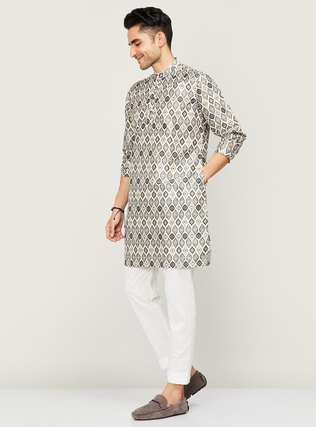 MELANGE Men Printed Band Collar Regular Fit Straight Kurta
