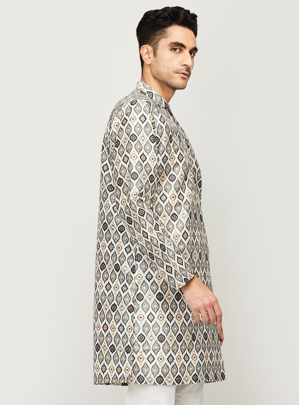 MELANGE Men Printed Band Collar Regular Fit Straight Kurta