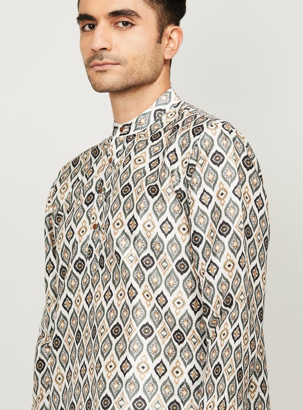 MELANGE Men Printed Band Collar Regular Fit Straight Kurta