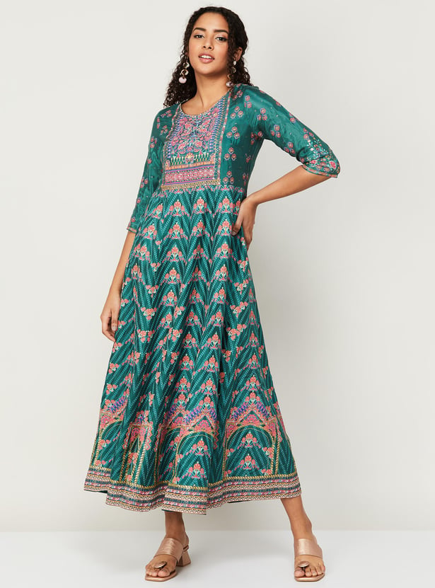 W Women Printed Three-Quarter Sleeves A-Line Ethnic Dress