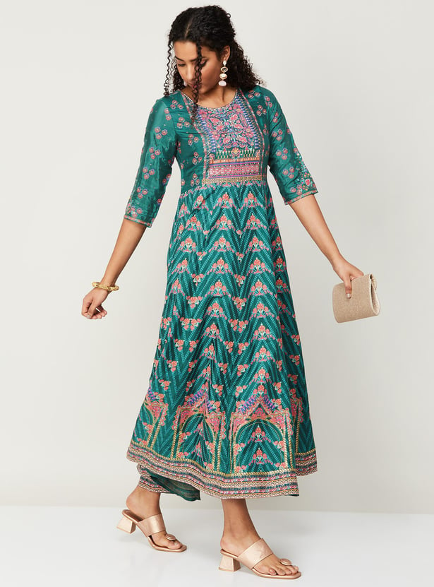 W Women Printed Three-Quarter Sleeves A-Line Ethnic Dress