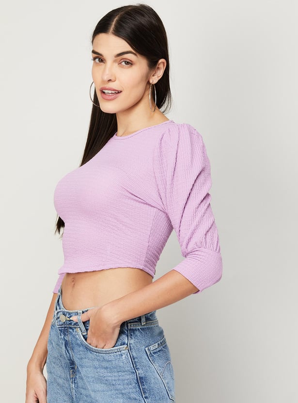 GINGER Women Textured Three-Quarter Sleeves Crop Top