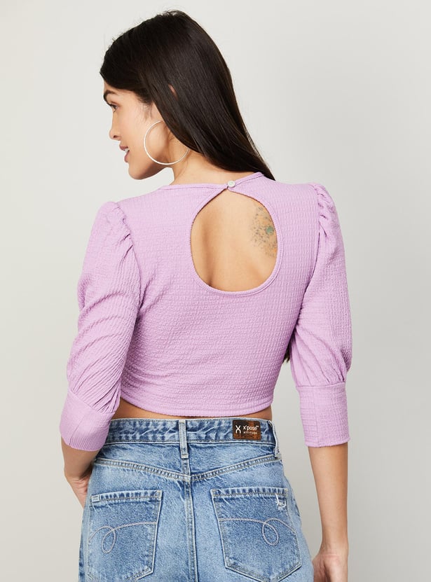 GINGER Women Textured Three-Quarter Sleeves Crop Top