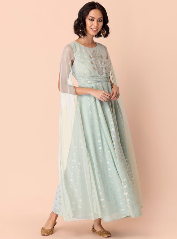 INDYA Women Embroidered Cape-Sleeved A-Line Ethnic Dress