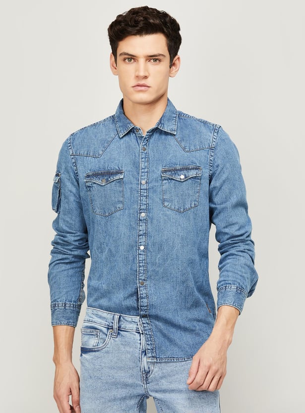 Buy BEING HUMAN Men Faded Full Sleeves Slim Fit Denim Casual Shirt from Being Human at just INR 3499.0