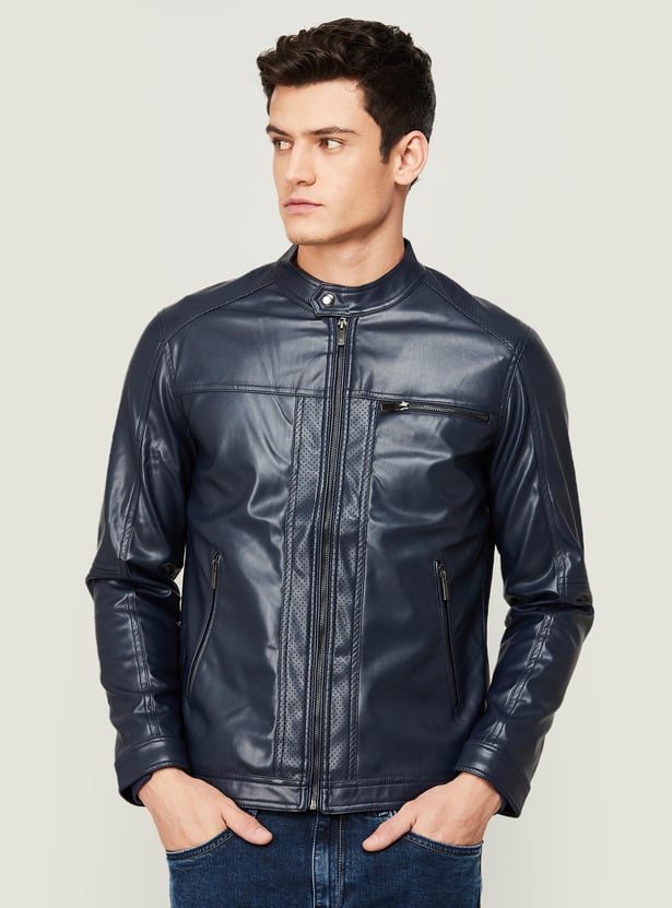 CELIO Men Solid Full Sleeves Zip Closure Leather Jacket