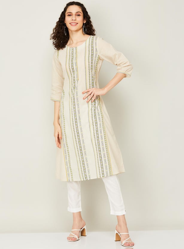 Off White Printed 3/4Th Sleeve Straight Kurta With Striped Regular Fit Palazzo main image 0