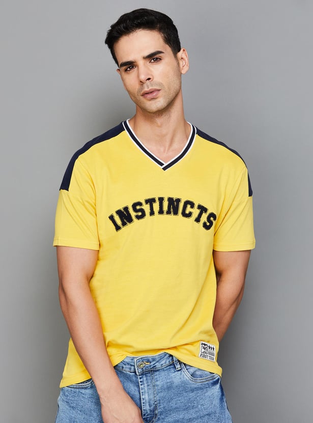 Buy FAME FOREVER Men Applique Embroidered V-Neck T-shirt from Fame