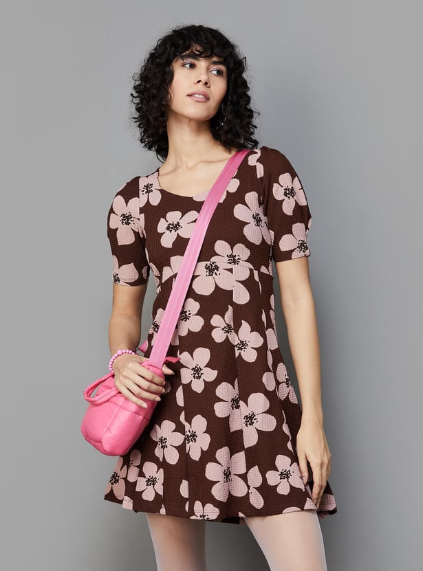 GINGER Women Floral Printed Tie-Up A-line Dress