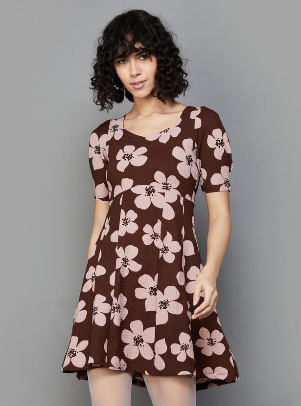 GINGER Women Floral Printed Tie-Up A-line Dress