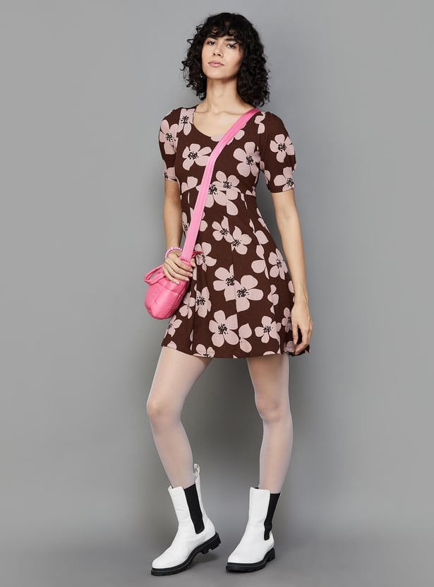 GINGER Women Floral Printed Tie-Up A-line Dress