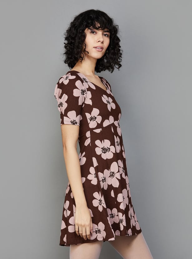 GINGER Women Floral Printed Tie-Up A-line Dress