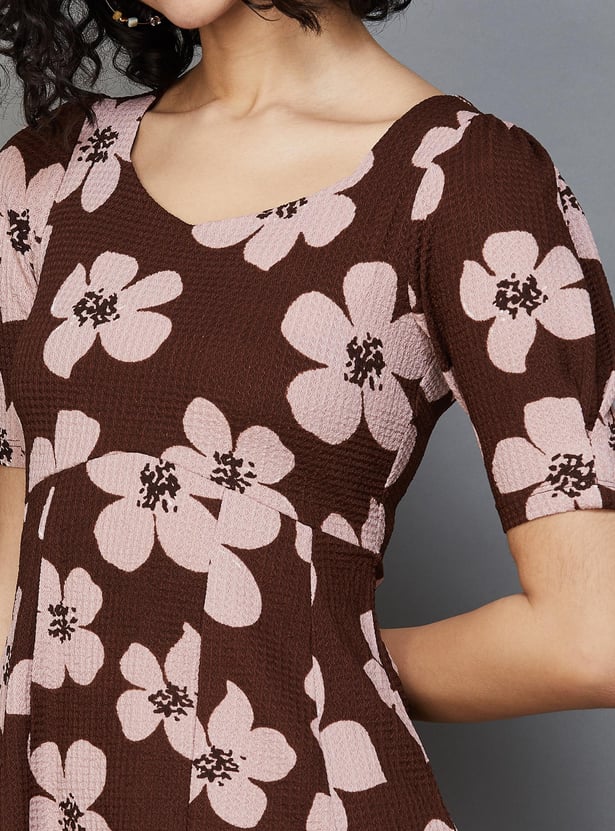 GINGER Women Floral Printed Tie-Up A-line Dress