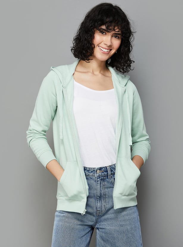 FAME FOREVER Women Solid Hooded Zip-Up Sweatshirt