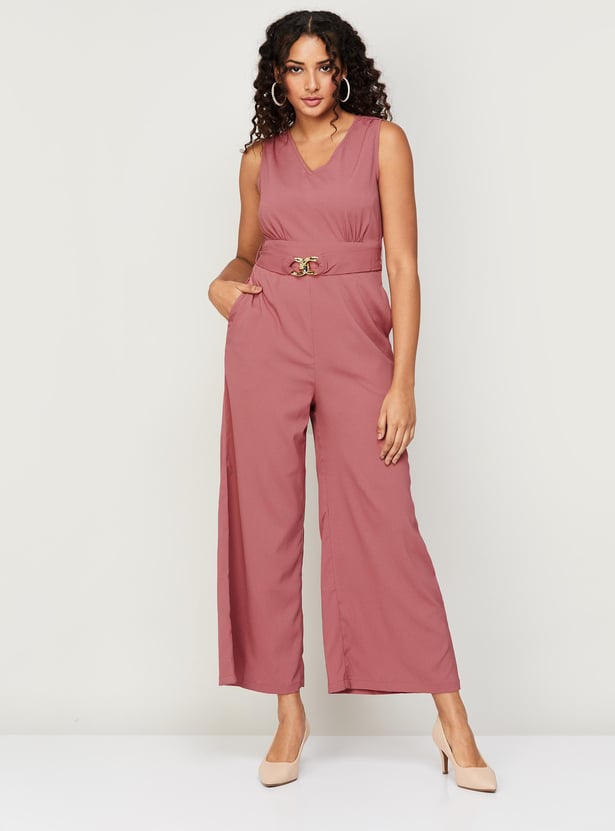 Buy FABALLEY Women Solid V Neck Casual Jumpsuit from FabAlley at just INR 2400.0