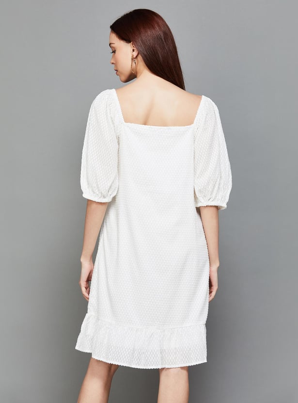 Textured Short Puff Sleeve A-Line Dress