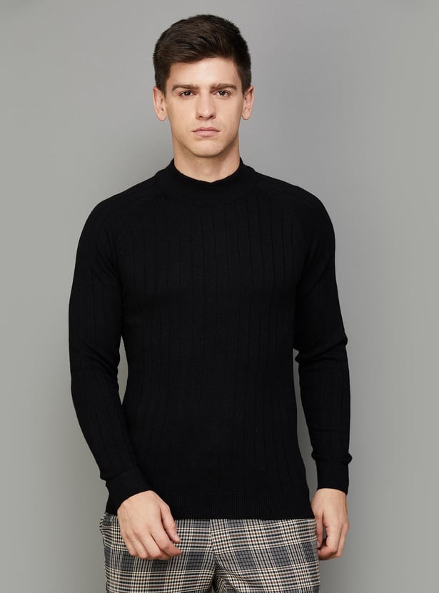 Buy CODE Men Rib-Knit Mock Neck Sweater from CODE at just INR 1699.0