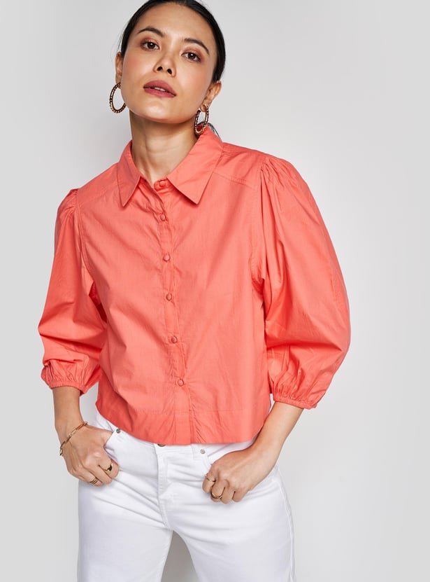 Cropped Balloon Sleeve Shirt In Crisp Fabric