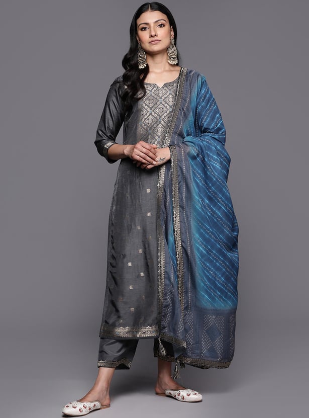 Grey Woven Design Straight Kurta Pyjama Set