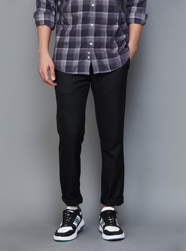 V DOT Men Textured Slim Straight Casual Trousers