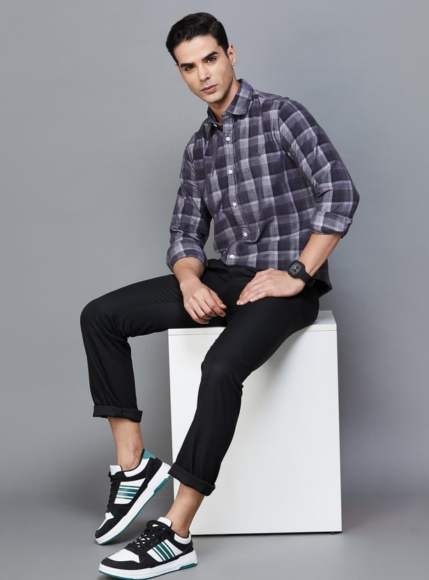 V DOT Men Textured Slim Straight Casual Trousers