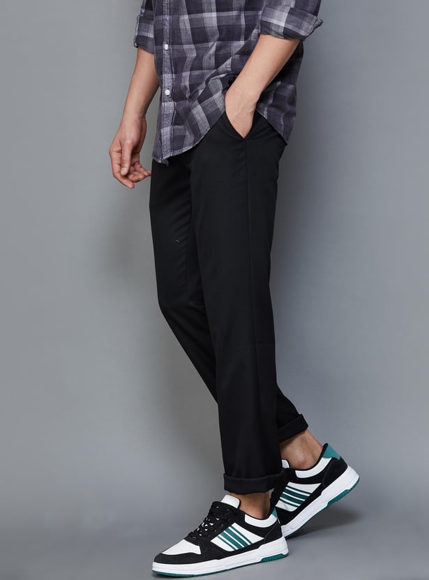 V DOT Men Textured Slim Straight Casual Trousers
