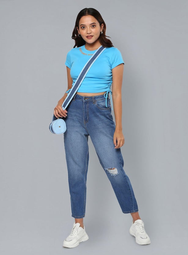 FLYING MACHINE Women Placement Print Ruched T-shirt