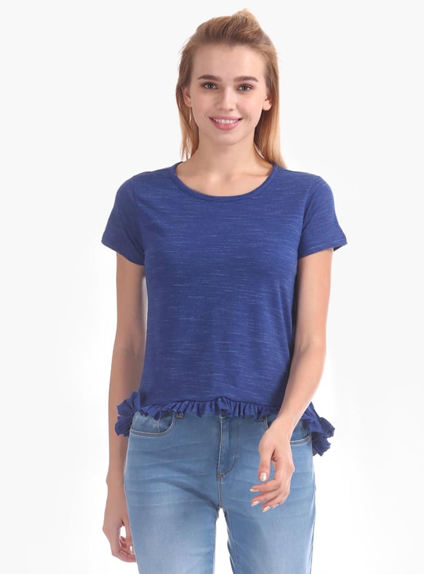 FLYING MACHINE Women Heathered Ruffle Trim Top