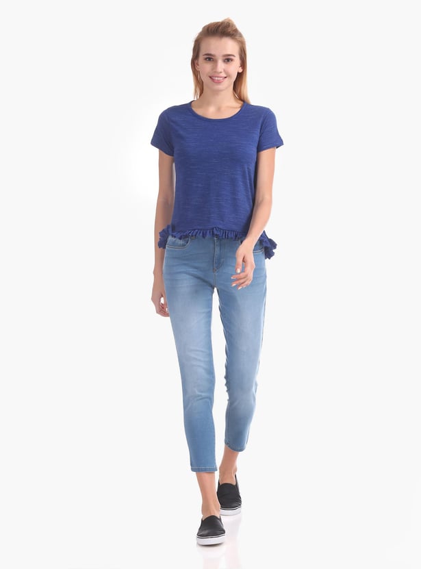 FLYING MACHINE Women Heathered Ruffle Trim Top