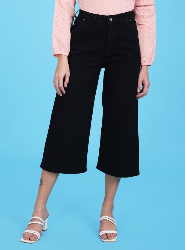 FLYING MACHINE Women Solid Wide Leg Cropped Jeans