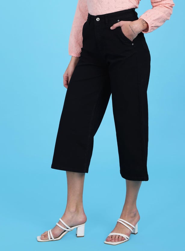 FLYING MACHINE Women Solid Wide Leg Cropped Jeans