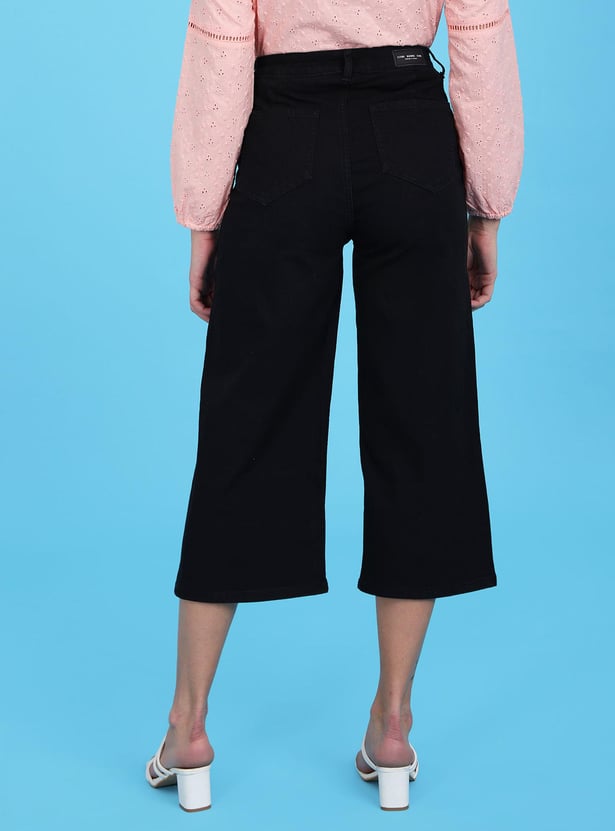 FLYING MACHINE Women Solid Wide Leg Cropped Jeans