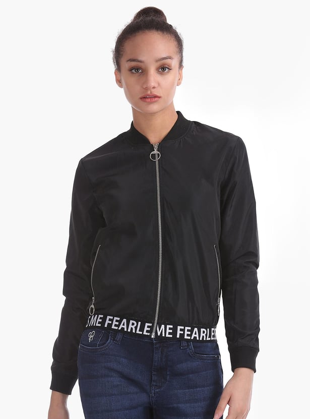 Buy FLYING MACHINE Women Printed Hemline Bomber Jacket from Flying Machine at just INR 2599.0