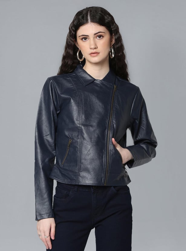 Buy FLYING MACHINE Women Solid Biker Jacket from Flying Machine at just INR 3899.0