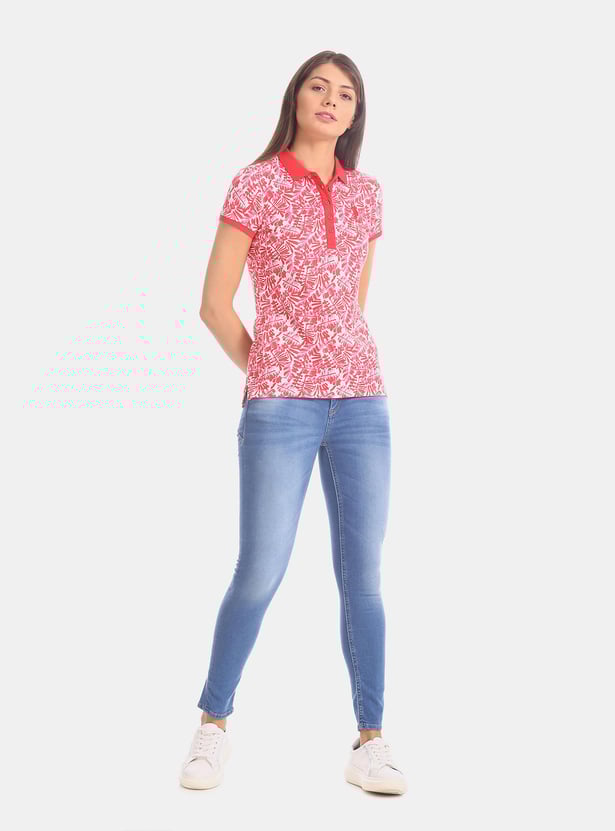 U.S. POLO ASSN. Women Printed Slim Fit Polo T-shirt