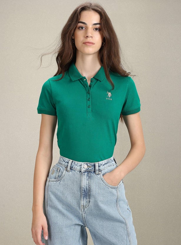 U.S. POLO ASSN. Women Solid Slim Fit Polo T-shirt