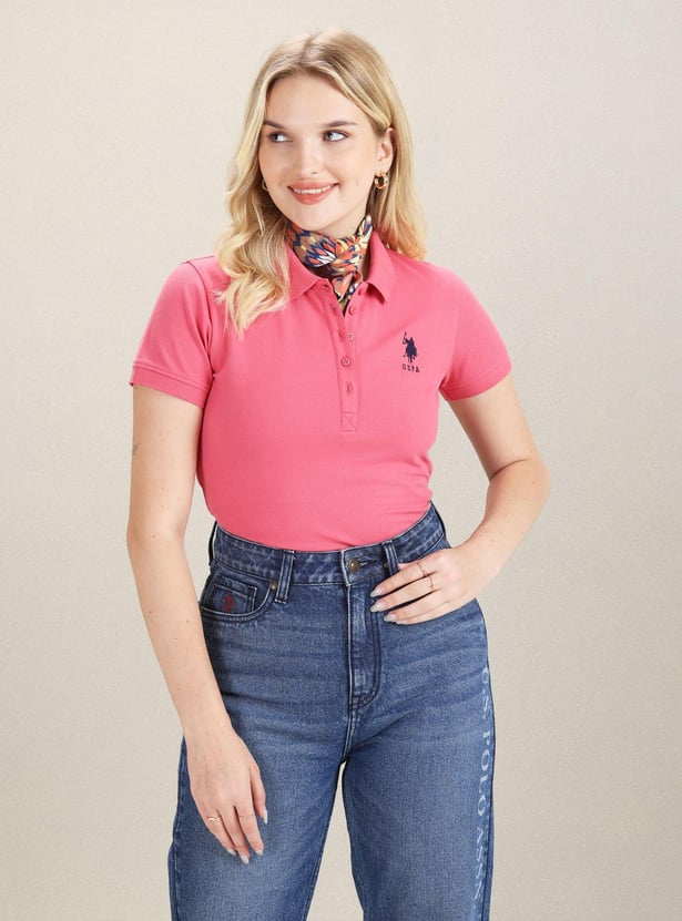 U.S. POLO ASSN. Women Solid Regular Fit Polo T-shirt