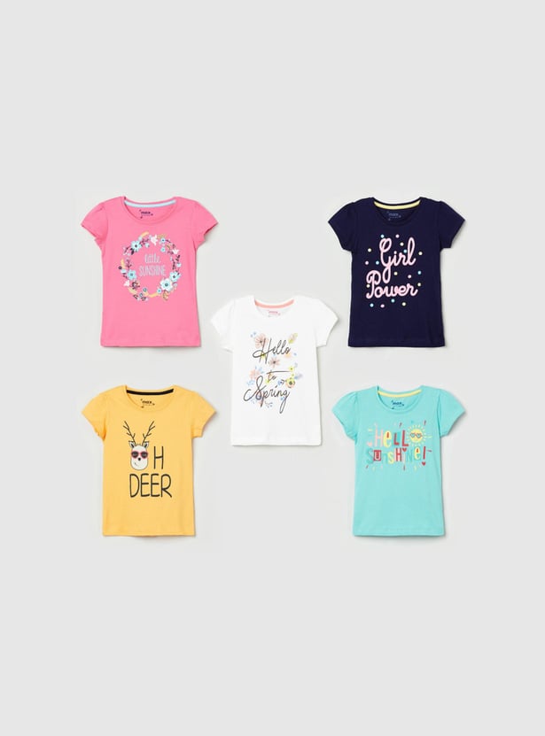 Girls Printed Round Neck T-shirt - Pack of 5