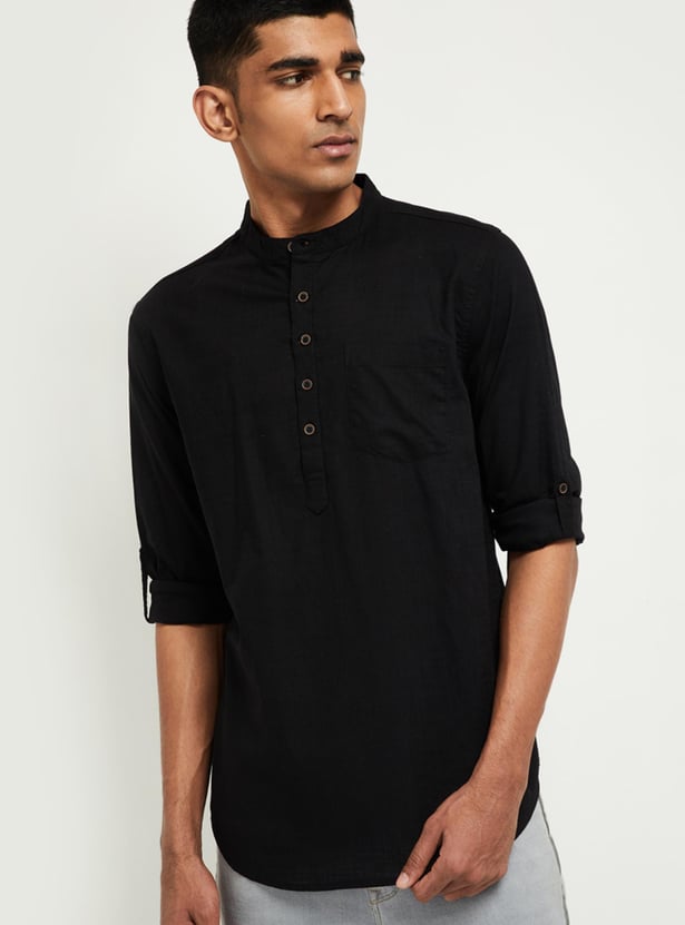 Men Solid Shirt Kurta with Band Collar