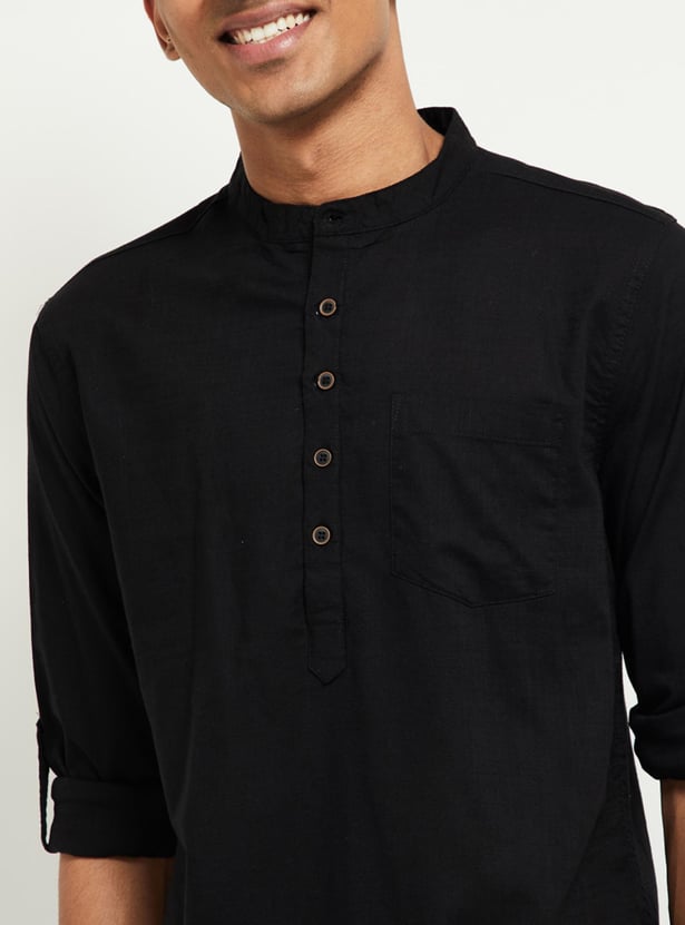 Men Solid Shirt Kurta with Band Collar