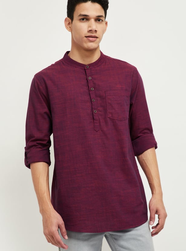 Men Textured Short Kurta with Patch Pocket