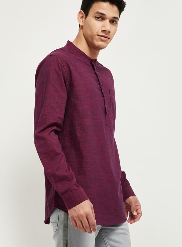 Men Textured Short Kurta with Patch Pocket